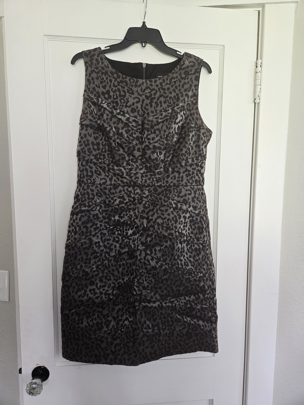 Adrianna Papell Black and Gray Leopard Print Sheath Dress